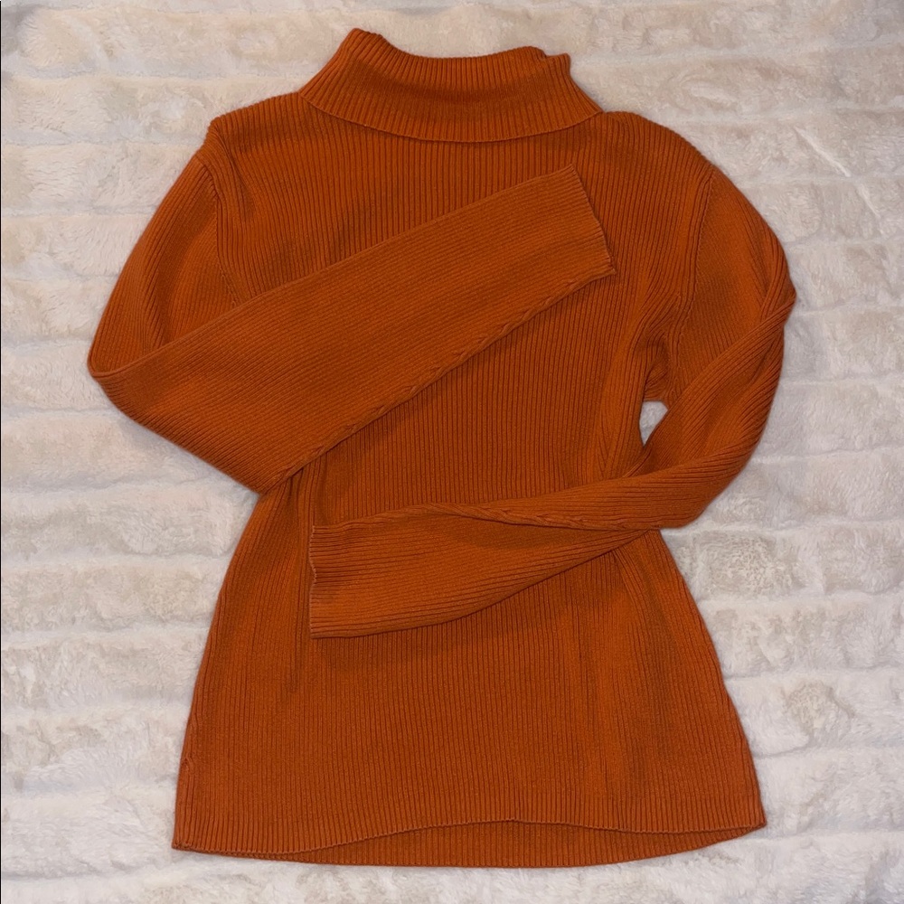 100% Cotton Knit Ribbed Turtle Neck Top Orange